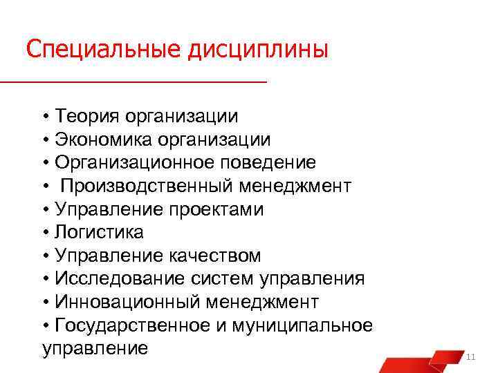 Специальные дисциплины • Теория организации • Экономика организации • Организационное поведение • Производственный менеджмент