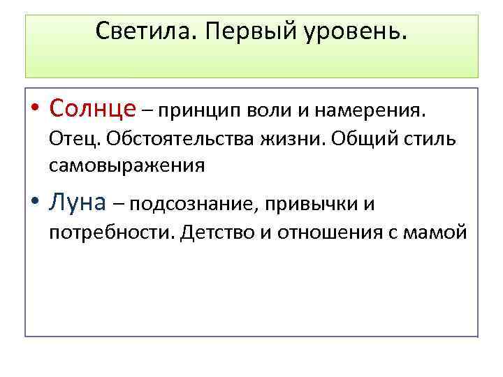 Светила. Первый уровень. • Солнце – принцип воли и намерения. Отец. Обстоятельства жизни. Общий