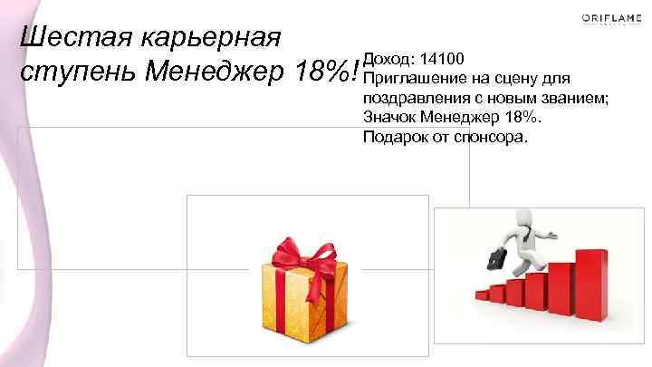Шестая карьерная Доход: 14100 ступень Менеджер 18%! Приглашение на сцену для поздравления с новым
