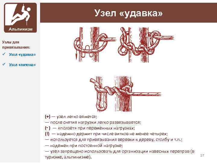 Узел «удавка» Узлы для привязывания: ü Узел «удавка» ü Узел «питона» (+) — узел