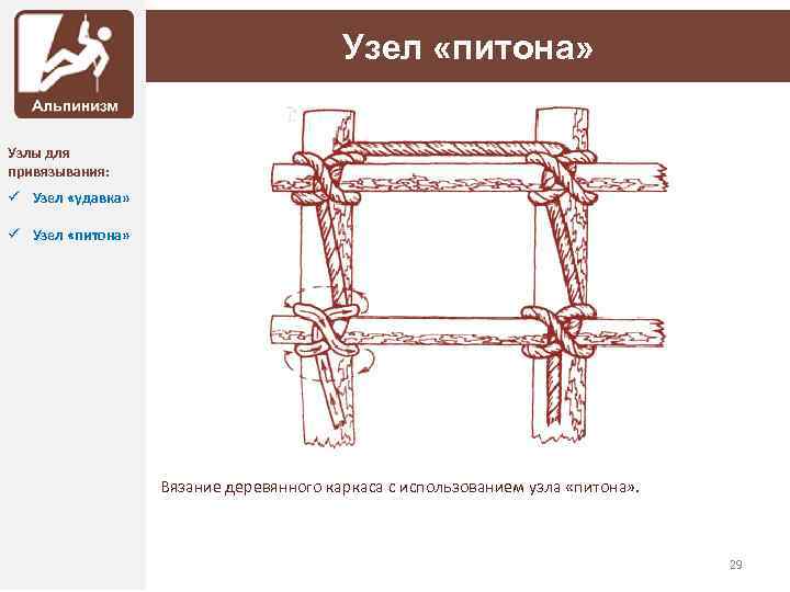 Узел «питона» Узлы для привязывания: ü Узел «удавка» ü Узел «питона» Вязание деревянного каркаса