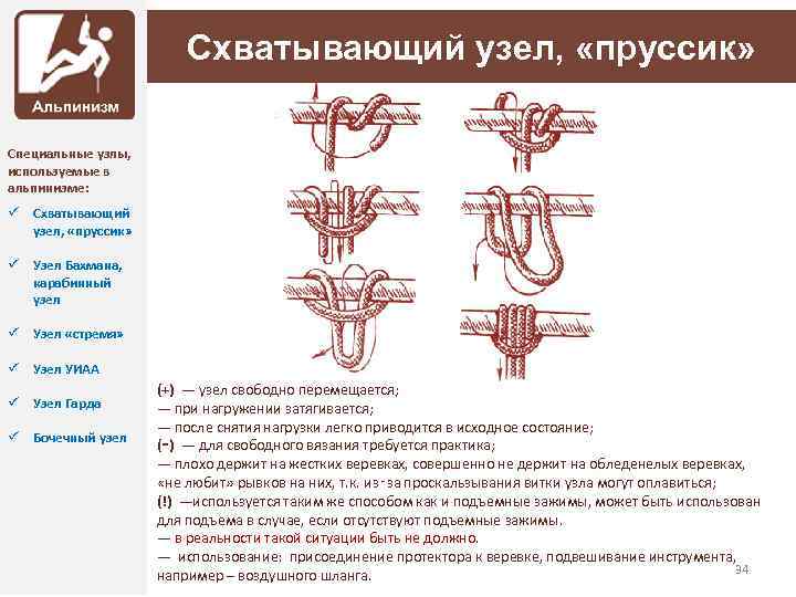 Схватывающий узел, «пруссик» Специальные узлы, используемые в альпинизме: ü Схватывающий узел, «пруссик» ü Узел