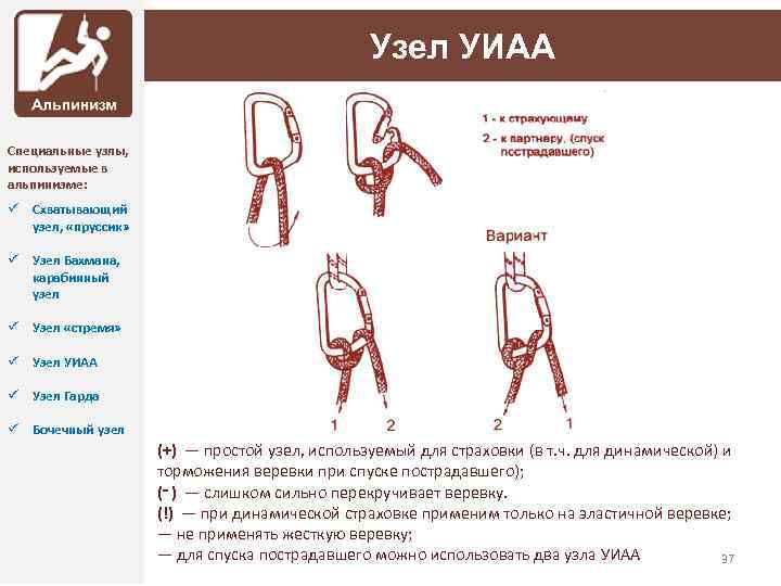 Узел УИАА Специальные узлы, используемые в альпинизме: ü Схватывающий узел, «пруссик» ü Узел Бахмана,