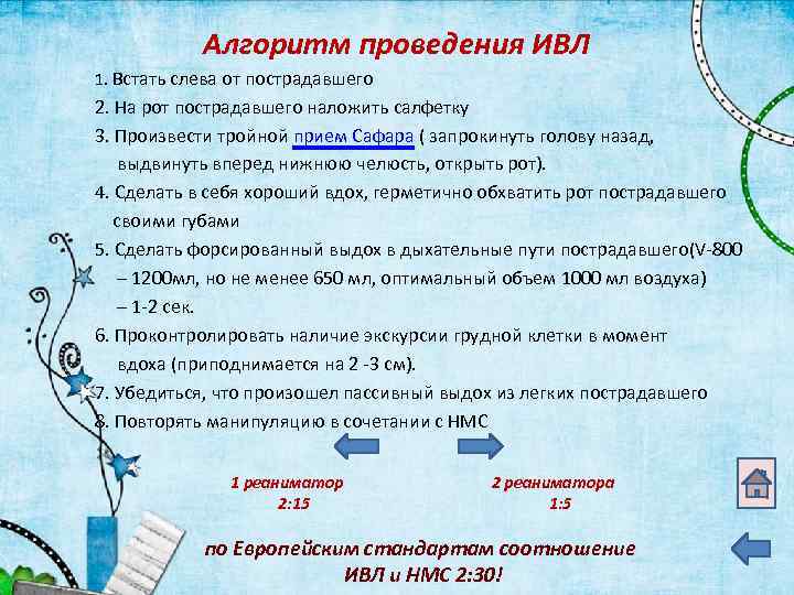 Алгоритм проведения ИВЛ 1. Встать слева от пострадавшего 2. На рот пострадавшего наложить салфетку