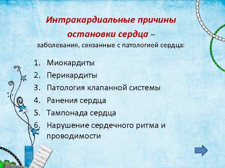Интракардиальные причины остановки сердца – заболевания, связанные с патологией сердца: 1. 2. 3. 4.