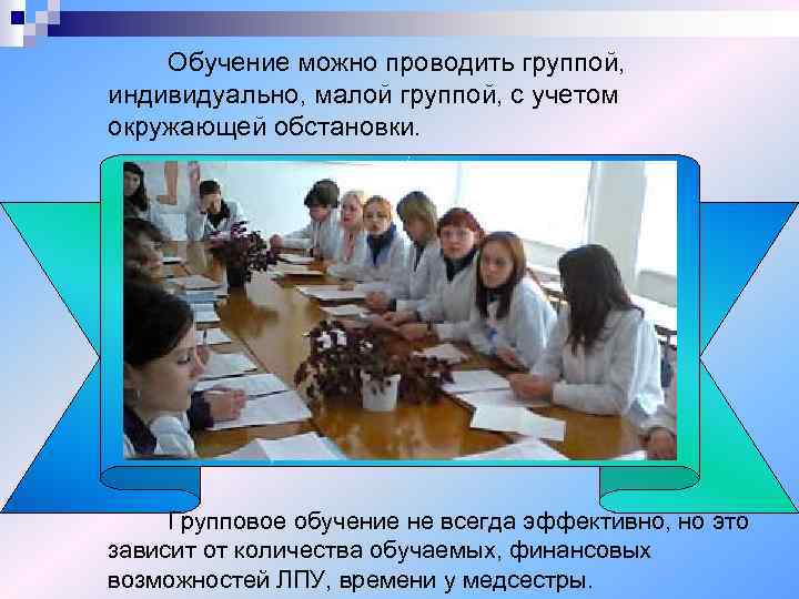 Обучение можно проводить группой, индивидуально, малой группой, с учетом окружающей обстановки. Групповое обучение не