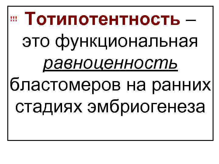 Тотипотентность – это функциональная равноценность бластомеров на ранних стадиях эмбриогенеза !!! 