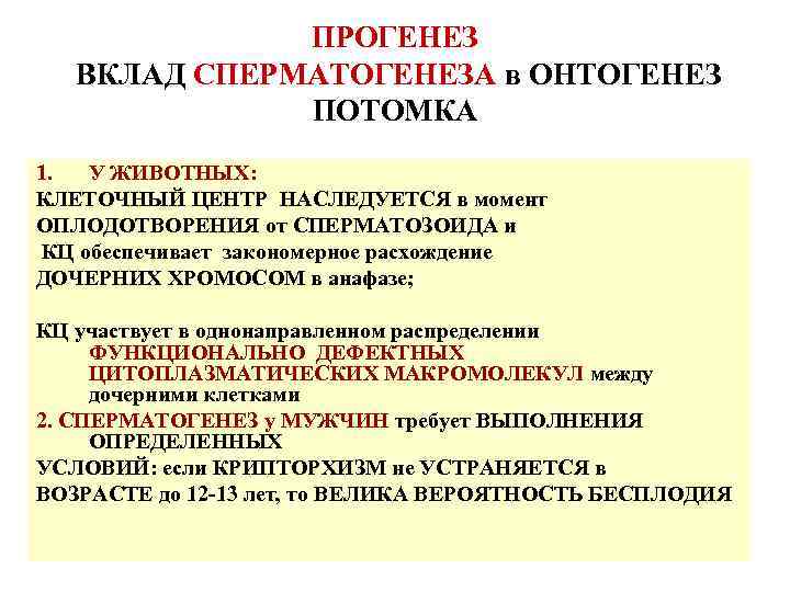 ПРОГЕНЕЗ ВКЛАД СПЕРМАТОГЕНЕЗА в ОНТОГЕНЕЗ ПОТОМКА 1. У ЖИВОТНЫХ: КЛЕТОЧНЫЙ ЦЕНТР НАСЛЕДУЕТСЯ в момент