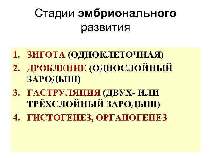 Стадии эмбрионального развития 1. ЗИГОТА (ОДНОКЛЕТОЧНАЯ) 2. ДРОБЛЕНИЕ (ОДНОСЛОЙНЫЙ ЗАРОДЫШ) 3. ГАСТРУЛЯЦИЯ (ДВУХ- ИЛИ