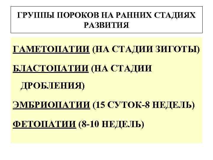 ГРУППЫ ПОРОКОВ НА РАННИХ СТАДИЯХ РАЗВИТИЯ ГАМЕТОПАТИИ (НА СТАДИИ ЗИГОТЫ) БЛАСТОПАТИИ (НА СТАДИИ ДРОБЛЕНИЯ)