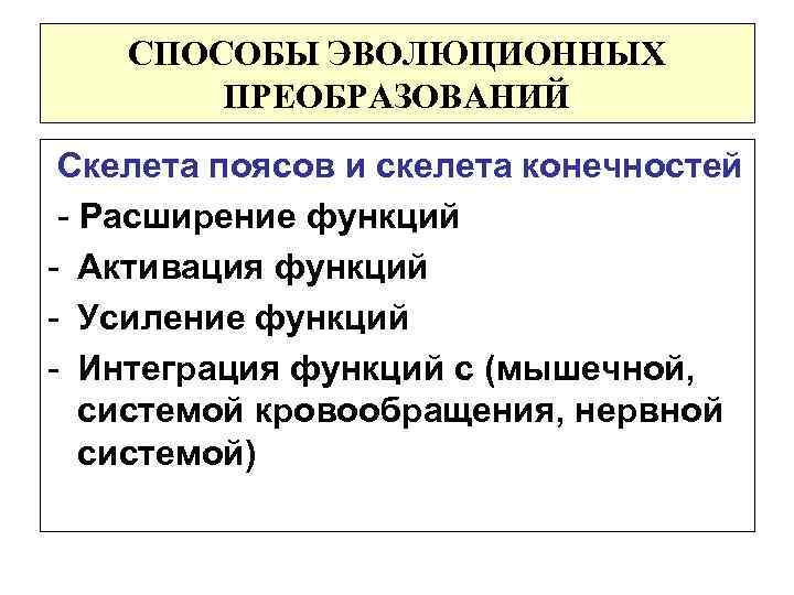 СПОСОБЫ ЭВОЛЮЦИОННЫХ ПРЕОБРАЗОВАНИЙ Скелета поясов и скелета конечностей - Расширение функций - Активация функций