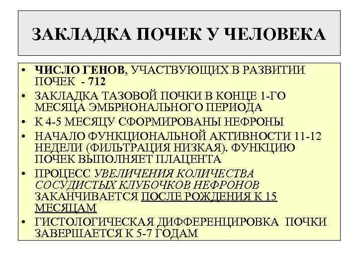 ЗАКЛАДКА ПОЧЕК У ЧЕЛОВЕКА • ЧИСЛО ГЕНОВ, УЧАСТВУЮЩИХ В РАЗВИТИИ ПОЧЕК - 712 •