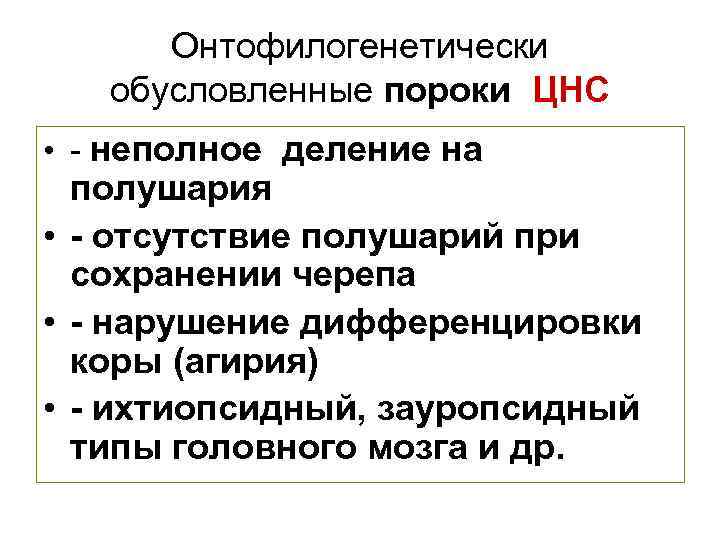 Онтофилогенетически обусловленные пороки ЦНС • - неполное деление на полушария • - отсутствие полушарий