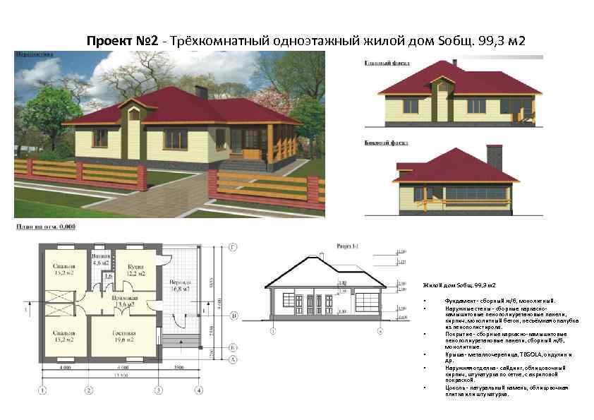 Проект № 2 - Трёхкомнатный одноэтажный жилой дом Sобщ. 99, 3 м 2 Жилой