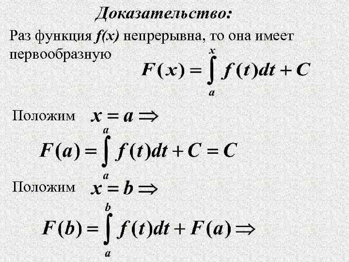 Доказательство: Раз функция f(x) непрерывна, то она имеет первообразную Положим 