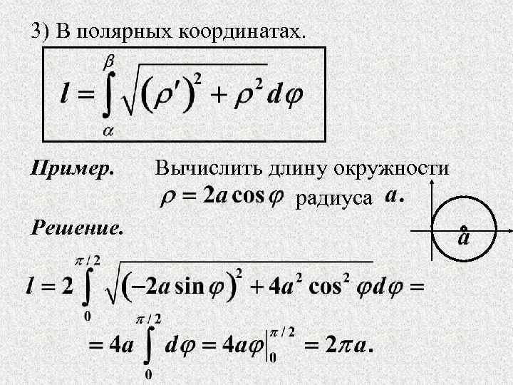 3) В полярных координатах. Пример. Решение. Вычислить длину окружности радиуса 