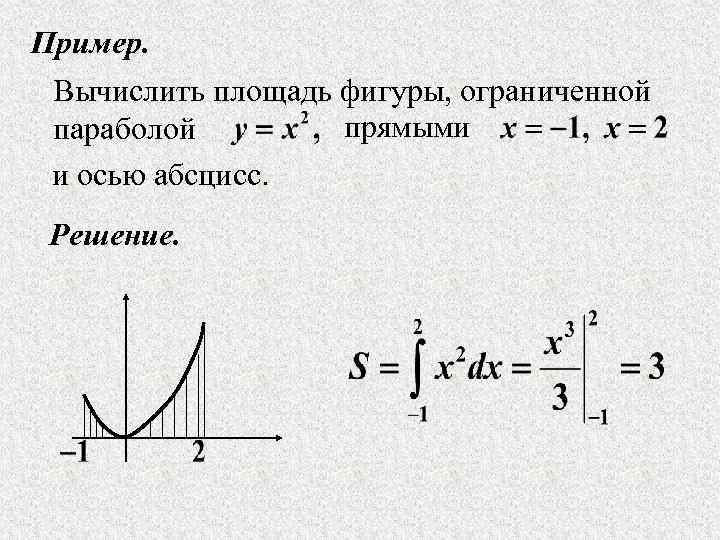 Пример. Вычислить площадь фигуры, ограниченной прямыми параболой и осью абсцисс. Решение. 