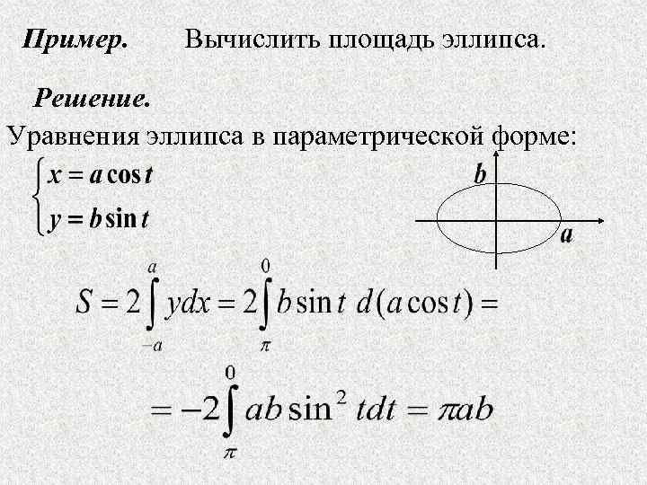 Пример. Вычислить площадь эллипса. Решение. Уравнения эллипса в параметрической форме: 