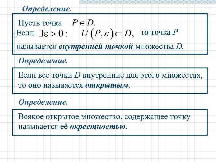 Определение. Пусть точка Если то точка P называется внутренней точкой множества D. Определение. Если