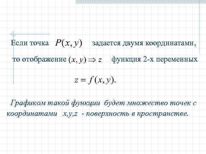 Если точка то отображение задается двумя координатами, функция 2 -х переменных Графиком такой функции