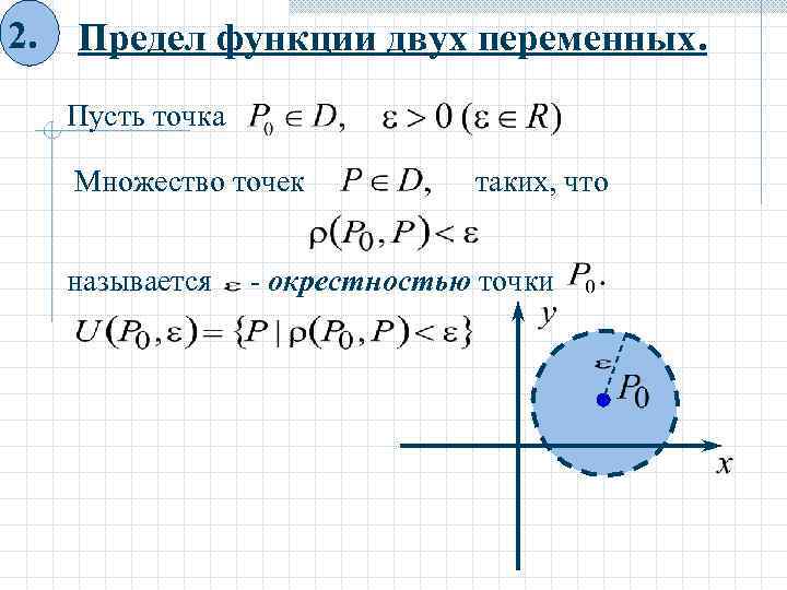 2. Предел функции двух переменных. Пусть точка Множество точек называется таких, что - окрестностью