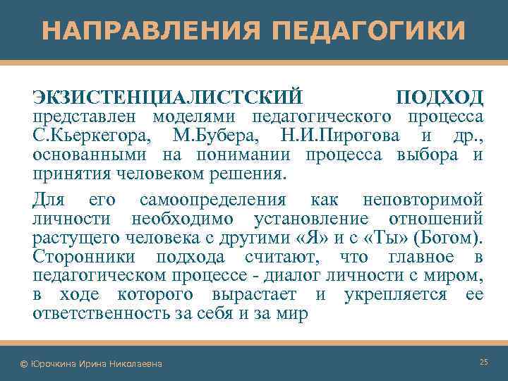 НАПРАВЛЕНИЯ ПЕДАГОГИКИ ЭКЗИСТЕНЦИАЛИСТСКИЙ ПОДХОД представлен моделями педагогического процесса С. Кьеркегора, М. Бубера, Н. И.