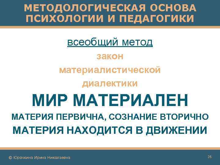 МЕТОДОЛОГИЧЕСКАЯ ОСНОВА ПСИХОЛОГИИ И ПЕДАГОГИКИ всеобщий метод закон материалистической диалектики МИР МАТЕРИАЛЕН МАТЕРИЯ ПЕРВИЧНА,