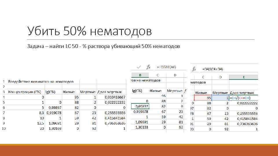 Убить 50% нематодов Задача – найти LC 50 - % раствора убивающий 50% нематодов