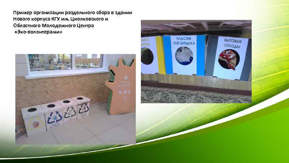 Пример организации раздельного сбора в здании Нового корпуса КГУ им. Циолковского и Областного Молодежного