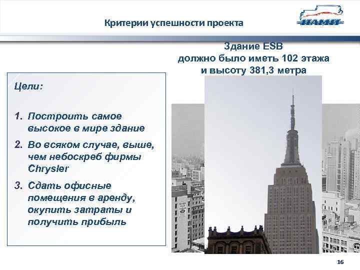 Критерии успешности проекта Здание ESB должно было иметь 102 этажа и высоту 381, 3