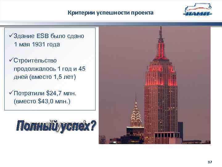 Критерии успешности проекта üЗдание ESB было сдано 1 мая 1931 года üСтроительство продолжалось 1
