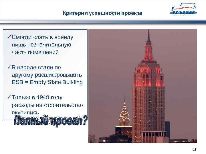 Критерии успешности проекта üСмогли сдать в аренду лишь незначительную часть помещений üВ народе стали