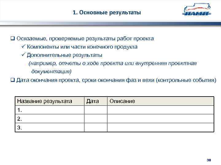 1. Основные результаты q Осязаемые, проверяемые результаты работ проекта ü Компоненты или части конечного