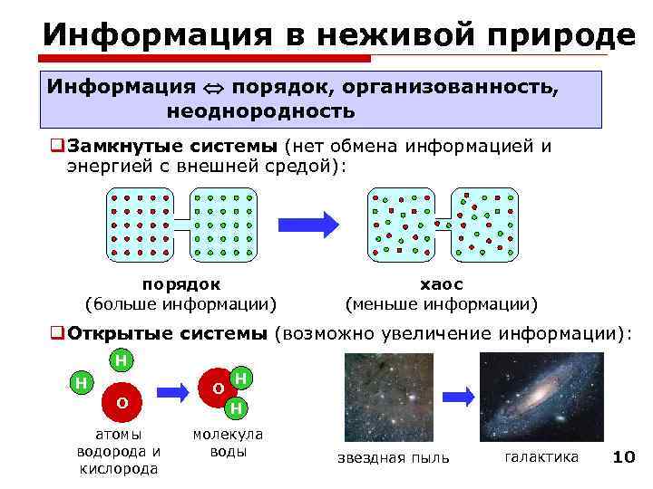 Информация в неживой природе Информация порядок, организованность, неоднородность Замкнутые системы (нет обмена информацией и