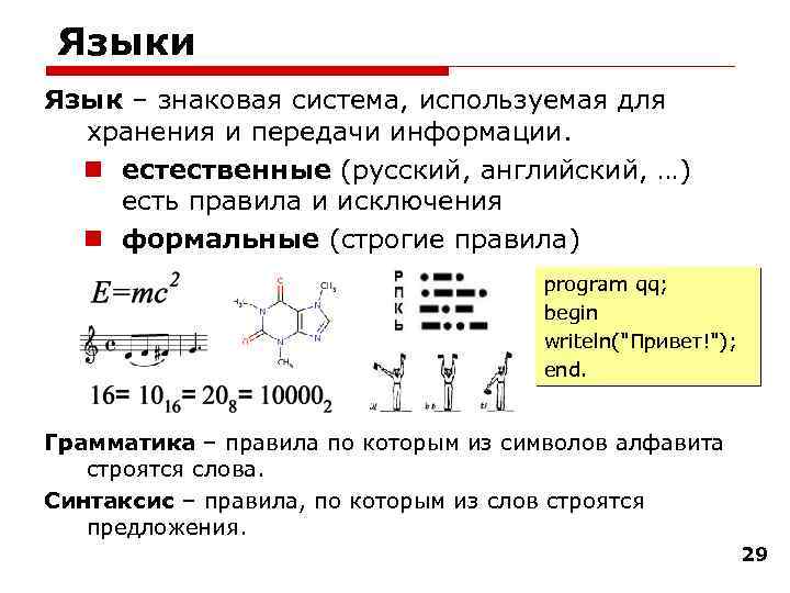Языки Язык – знаковая система, используемая для хранения и передачи информации. естественные (русский, английский,