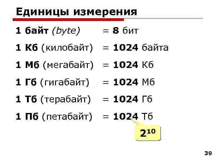 Единицы измерения 1 байт (bytе) = 8 бит 1 Кб (килобайт) = 1024 байта