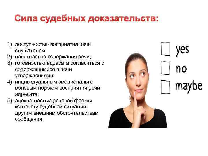 Сила судебных доказательств: 1) доступностью восприятия речи слушателем; 2) понятностью содержания речи; 3) готовностью