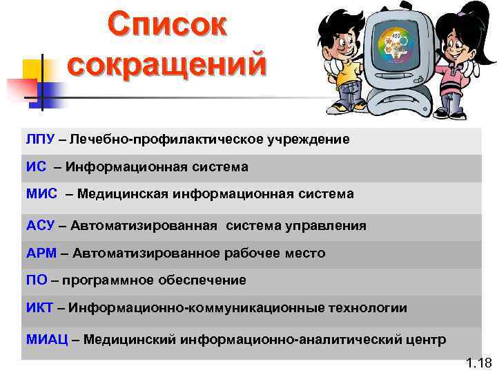 Список сокращений ЛПУ – Лечебно-профилактическое учреждение ИС – Информационная система МИС – Медицинская информационная