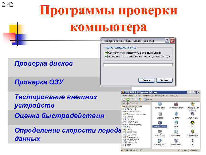 2. 42 Программы проверки компьютера Проверка дисков Проверка ОЗУ Тестирование внешних устройств Оценка быстродействия