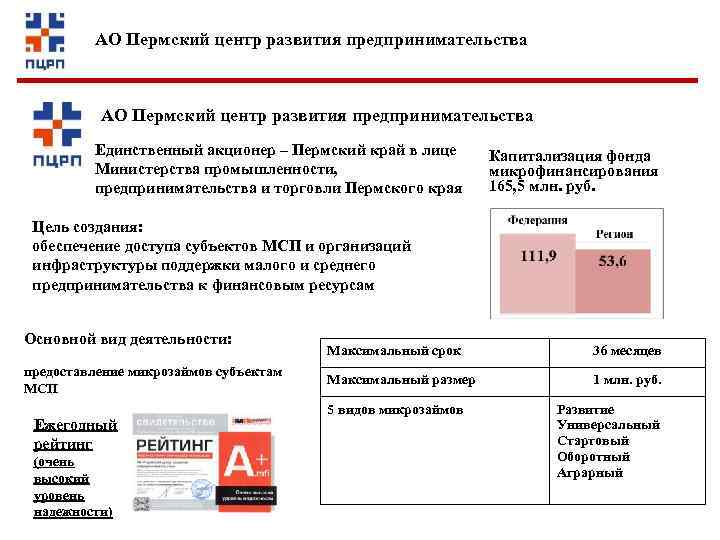 АО Пермский центр развития предпринимательства Единственный акционер – Пермский край в лице Министерства промышленности,