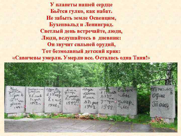 У планеты нашей сердце Бьётся гулко, как набат. Не забыть земле Освенцим, Бухенвальд и