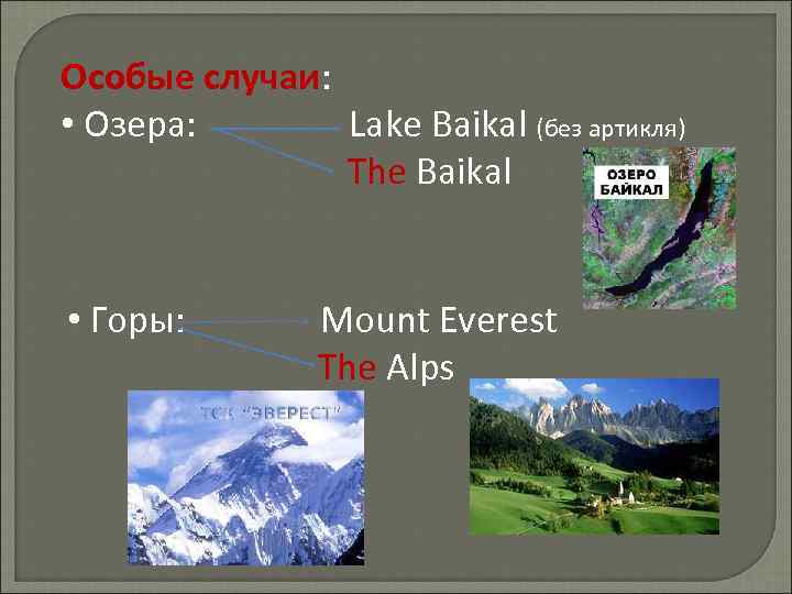 Особые случаи: • Озера: Lake Baikal (без артикля) The Baikal • Горы: Mount Everest
