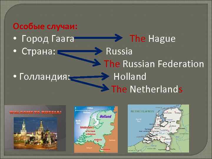 Особые случаи: • Город Гаага • Страна: • Голландия: The Hague Russia The Russian