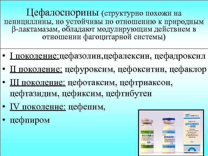 Цефалоспорины (структурно похожи на пенициллины, но устойчивы по отношению к природным β-лактамазам, обладают модулирующим