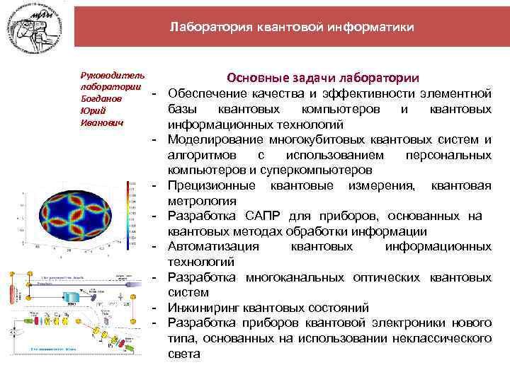 Лаборатория квантовой информатики Руководитель лаборатории Богданов Юрий Иванович Основные задачи лаборатории - Обеспечение качества