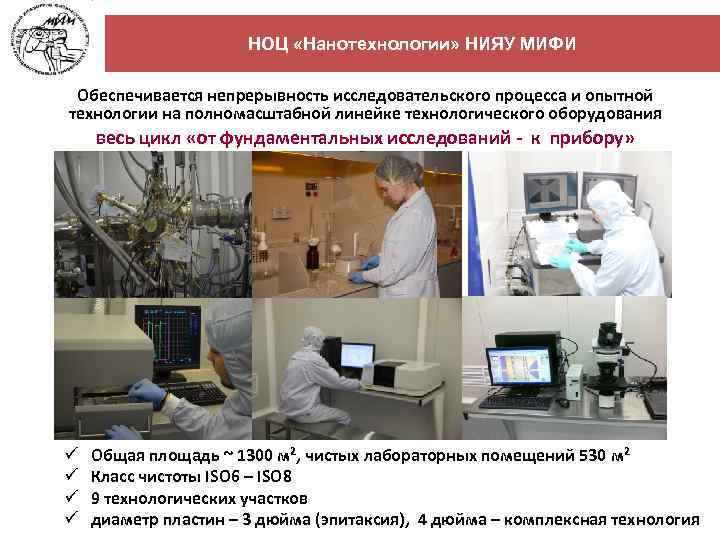 НОЦ «Нанотехнологии» НИЯУ МИФИ Обеспечивается непрерывность исследовательского процесса и опытной технологии на полномасштабной линейке