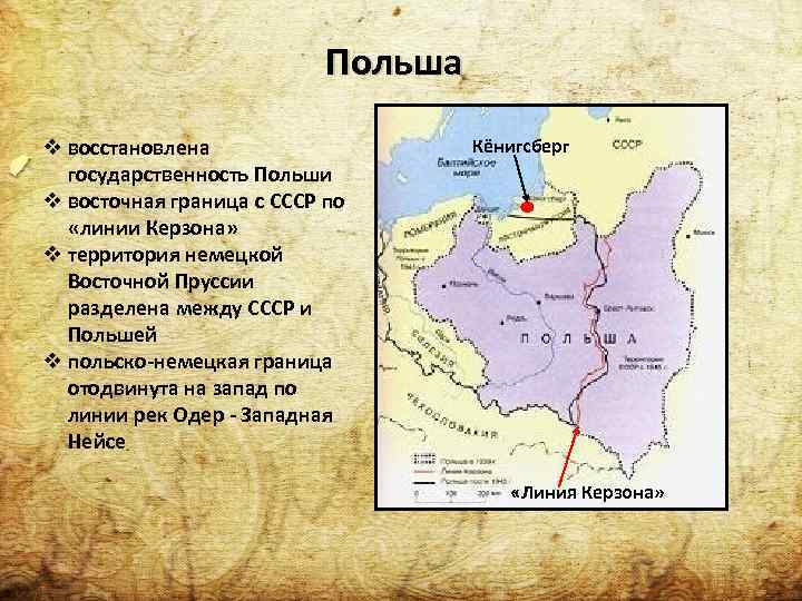Польша v восстановлена государственность Польши v восточная граница с СССР по «линии Керзона» v