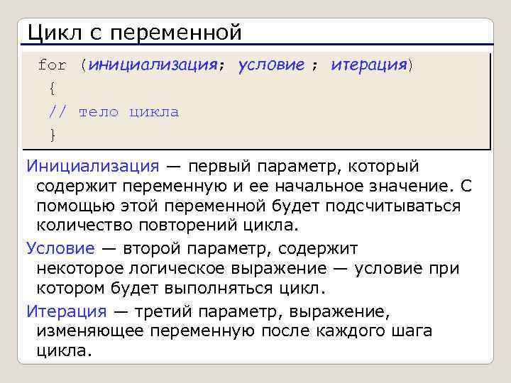 Цикл с переменной for (инициализация; условие ; итерация) { // тело цикла } Инициализация