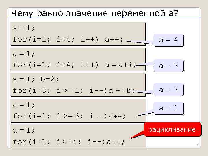 Чему равно значение переменной a? a = 1; for(i=1; i<4; i++) a++; a =