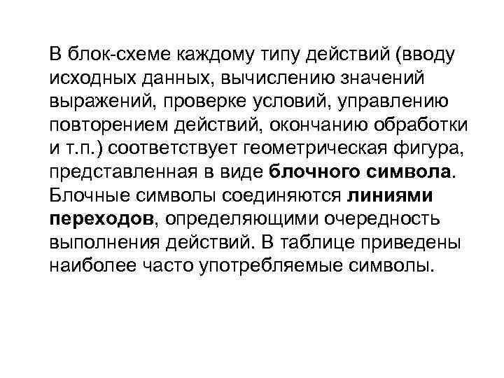В блок-схеме каждому типу действий (вводу исходных данных, вычислению значений выражений, проверке условий, управлению